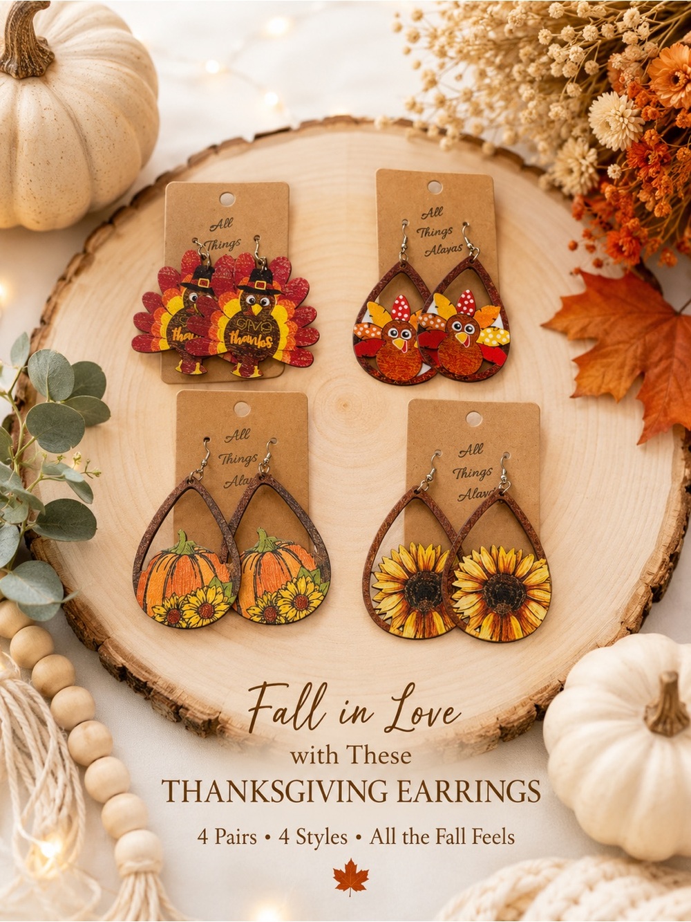 Thanksgiving Earrings Set — Sunflower, Pumpkin & Turkey Styles